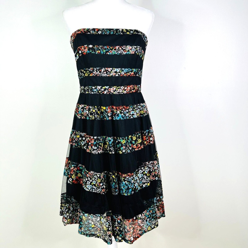 Betsey‎ Johnson Floral Black Striped Strapless Dress Size 10